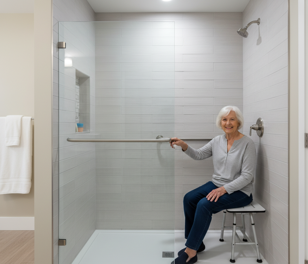 Senior using walk-in shower with grab bar and seat in Bismarck home